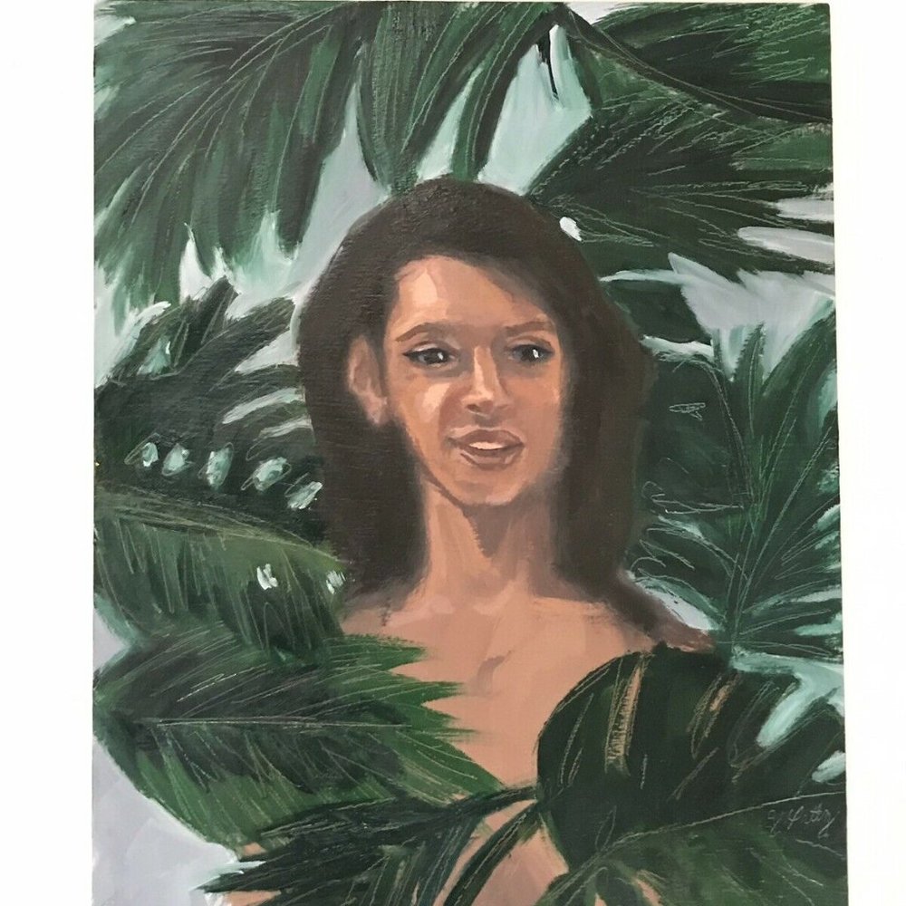 Original Oil Painting Portrait Woman in Tropical F